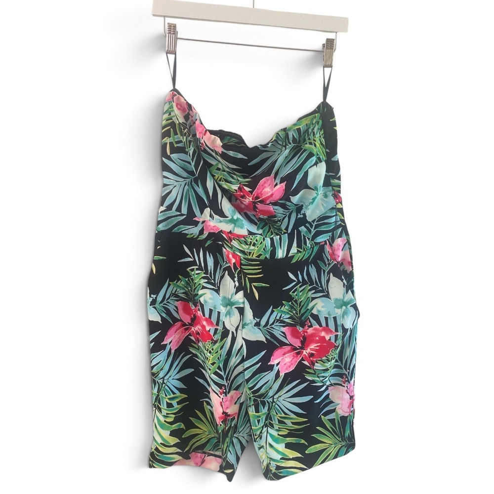 New York & Company Tropical Floral Strapless Romper Black Pink Green Medium